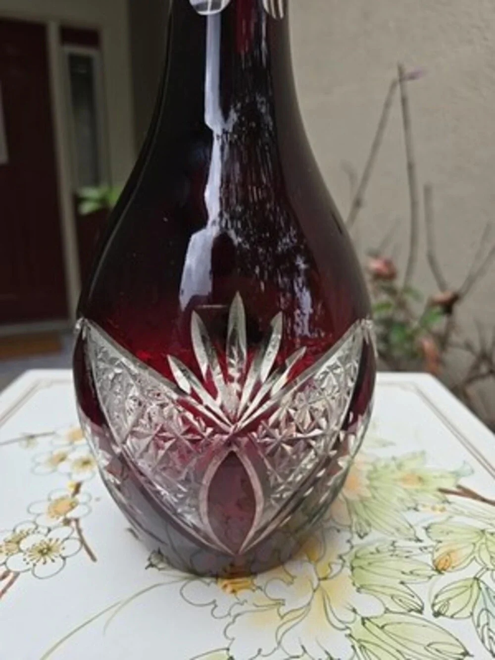 Decanter Red Ruby Bohemian Cut to Clear Glass With Stopper RARE Vintage